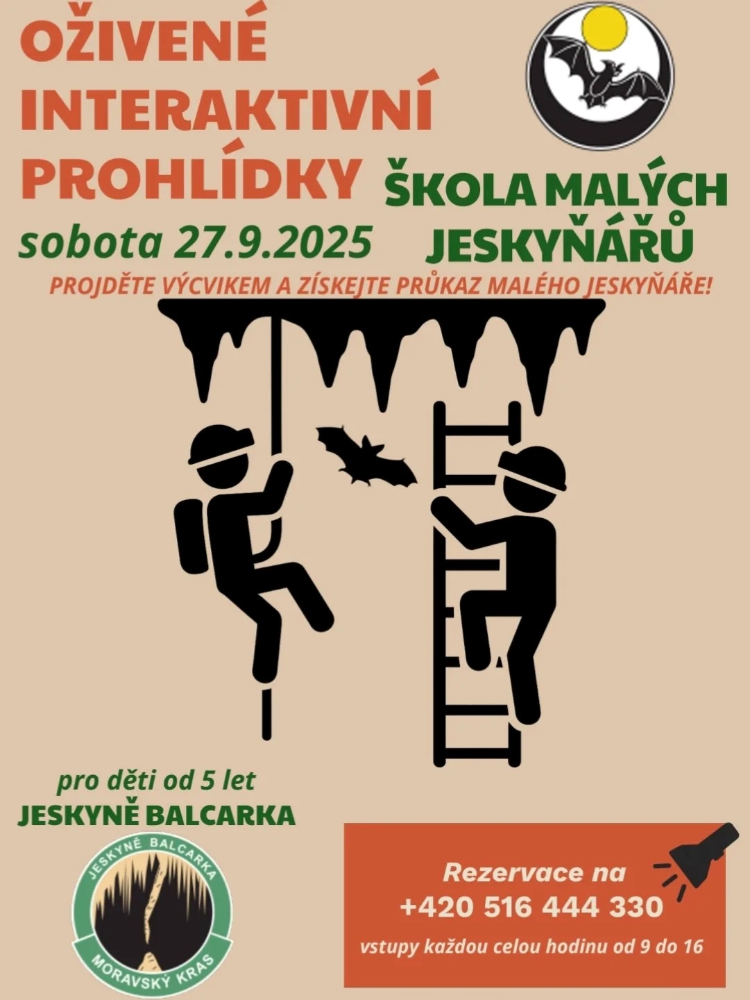SOBOTA 27. ZÁŘÍ 2025, 9:00-16:00 - Oživené interaktivní prohlídky Škola malých jeskyňářů