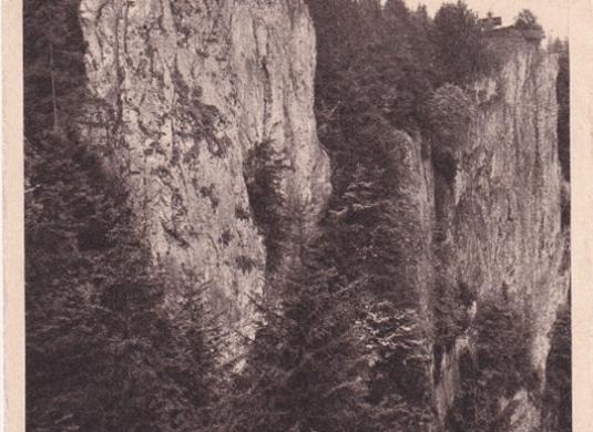 Nezvyklý pohled na hlavní stěny propasti Macochy, pyšně se do výšky tyčící, z jejího lesnatého srázného svahu, avšak po velmi opatrném sestoupení do 30 m hloubky po stráni do propasti (nedatováno)